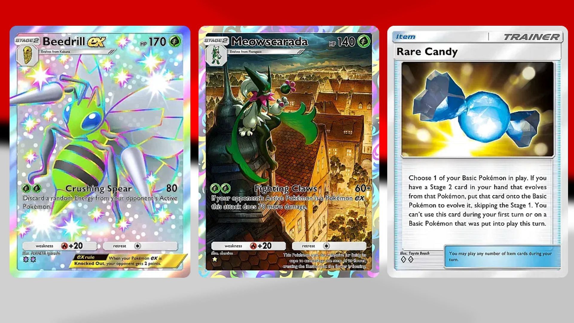 Beedrill ex, Meowscarada, and Rare Candy in PTCGP (Image via TPC)